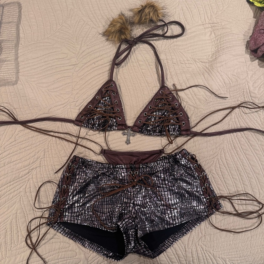 ROMWE Brown Metallic Snakeskin Lace-Up Bikini Set